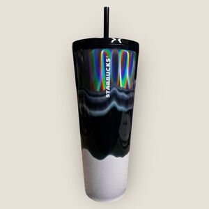 NEW Starbucks 2021 Holiday Silver Dark Green White Wave Tumbler 24 oz